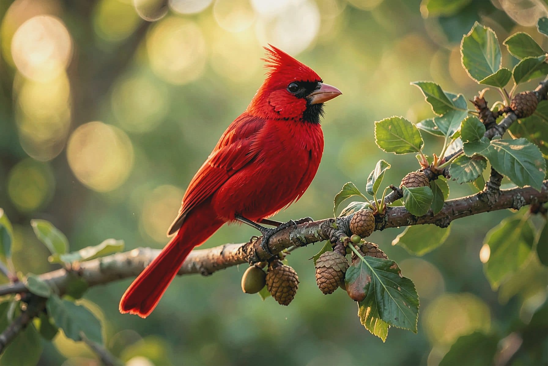 A red cardinal perched on an oak branch among acorns and leaves against a soft green-gold background.