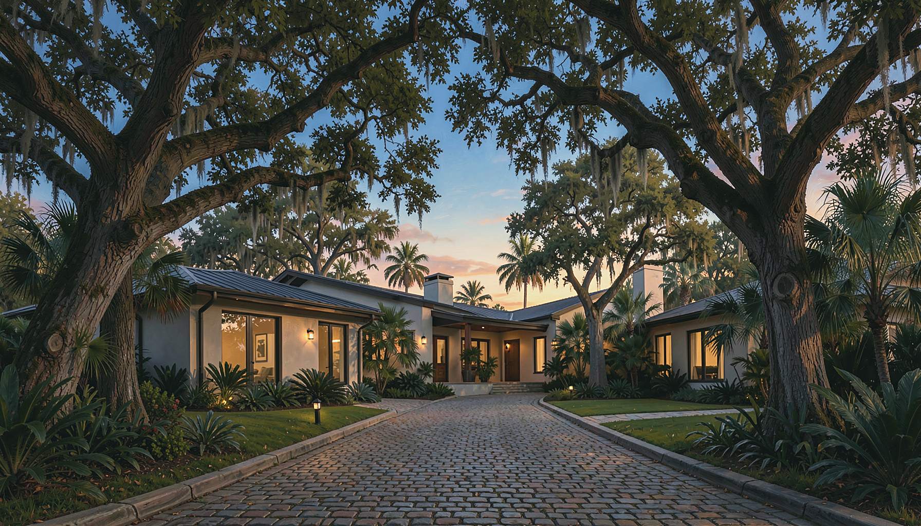 A modern farmhouse on a cobblestone street beneath an arching canopy of Florida live oaks in soft golden light.